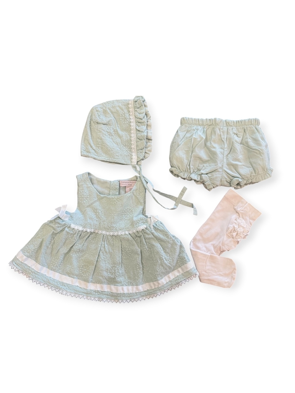 Catherine Malandrino Baby Dress Set 3-6 Months with Bonnet, Bloomers, and Tights